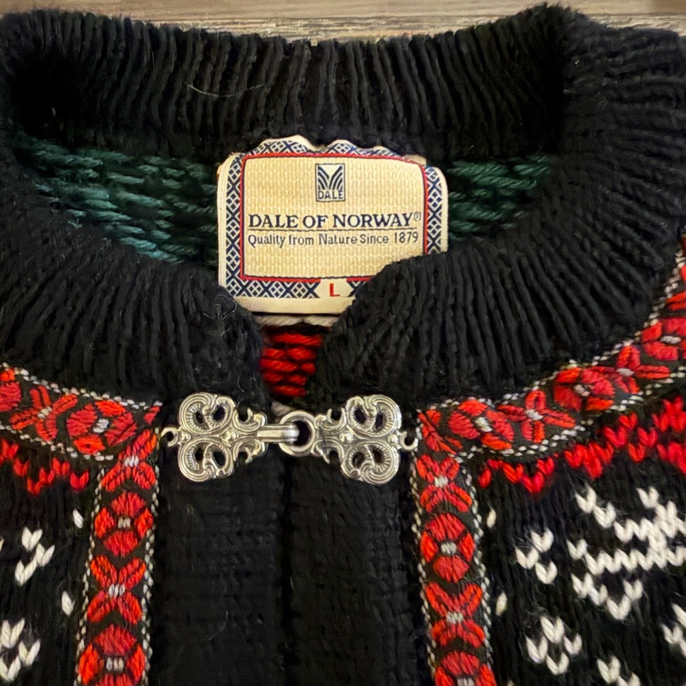 Dale of Norway Black Cardigan with Cream, Red & Green Nordic Motif - Picture 2 of 5